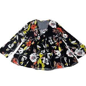 Floral Print Flowy Tunic Top V-Neck Long Sleeve Blouse Bohemian Style